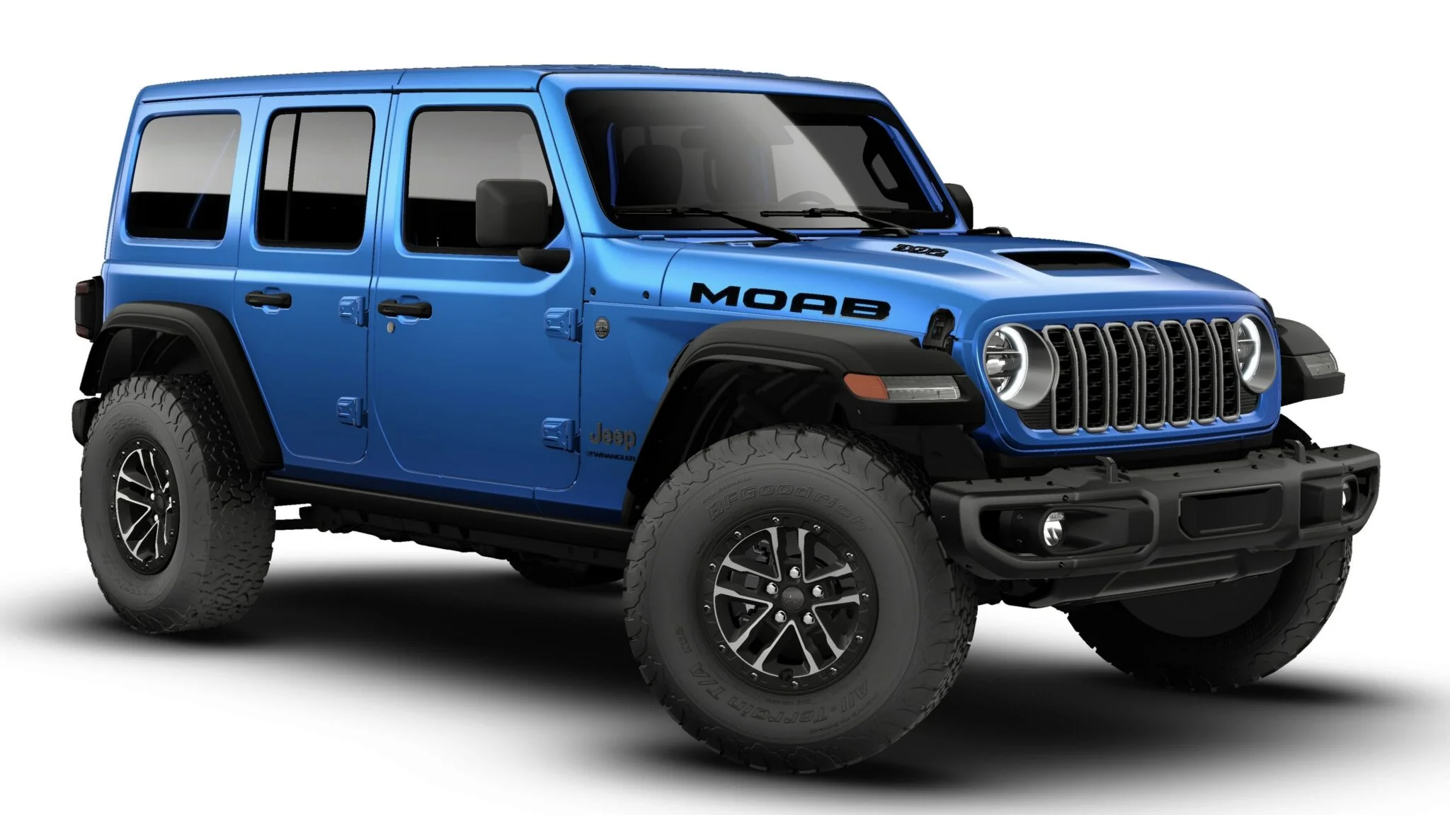 2027 Jeep Wrangler 4-Door Moab 392 shown with its standard body-color three-piece hard top and neutral grey metallic grille rings.