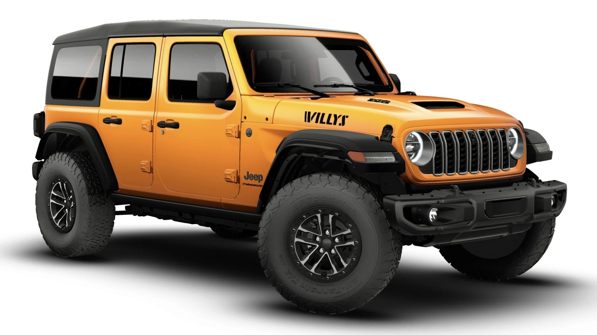 2027 Jeep Wrangler 4-Door Willys 392 shown with its standard black Sunrider soft top and body-color grille with gloss-black rings.